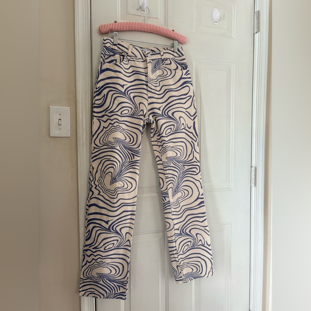 Zara Cream Blue Abstract Straight Leg Denim Jeans Size 4 - Picture 8 of 13